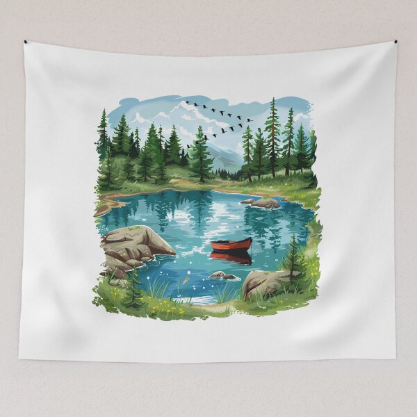 Item preview, Mountain Lake Reflection Rowboat - Vibrant Nature Serenity Art Print designed and sold by DesignArtist.ia.