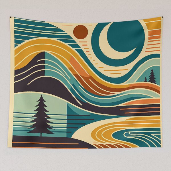 Item preview, Retro Topographic Landscape with Moon and Pines designed and sold by InkSmithery.