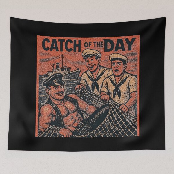 Item preview, Retro Gay Leather Humor Catch Of The Day Tom of Finland Tribute Twisted Leather Poster Design  designed and sold by ItsAKinkThing.
