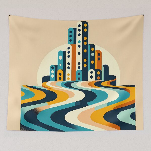 Item preview, Retro Geometric Cityscape with Wavy Stripes designed and sold by InkSmithery.