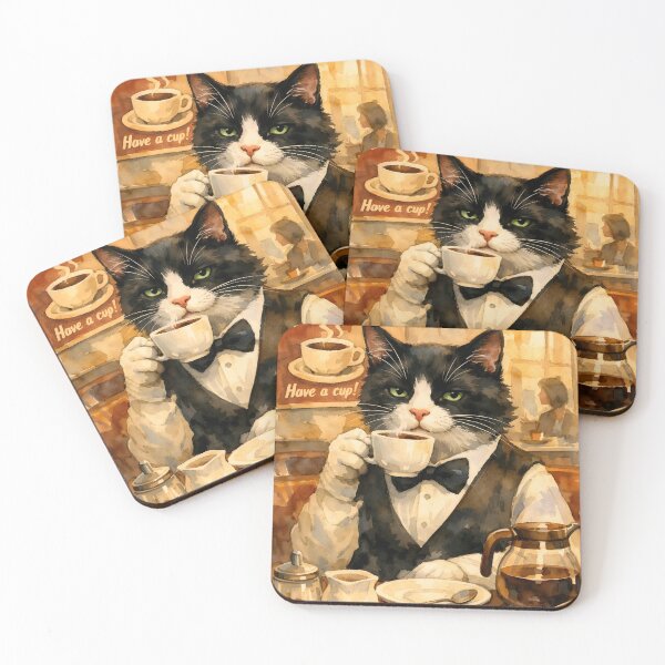 Item preview, Tuxedo Cat drinking coffee designed and sold by WAUZ.