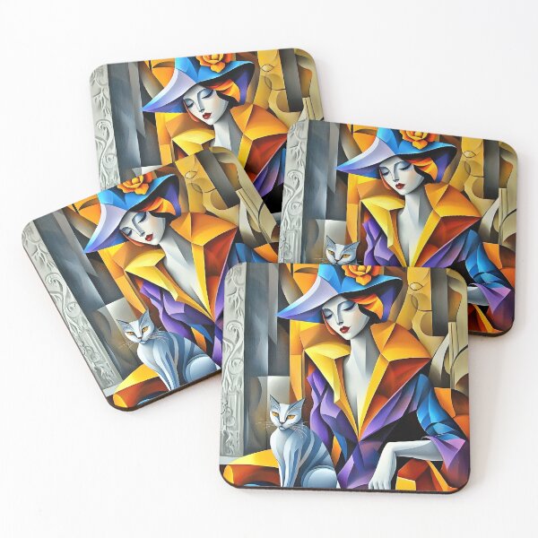 Item preview, Cubist Woman with Cat in Bold Colors designed and sold by Shoot-The-Moon.