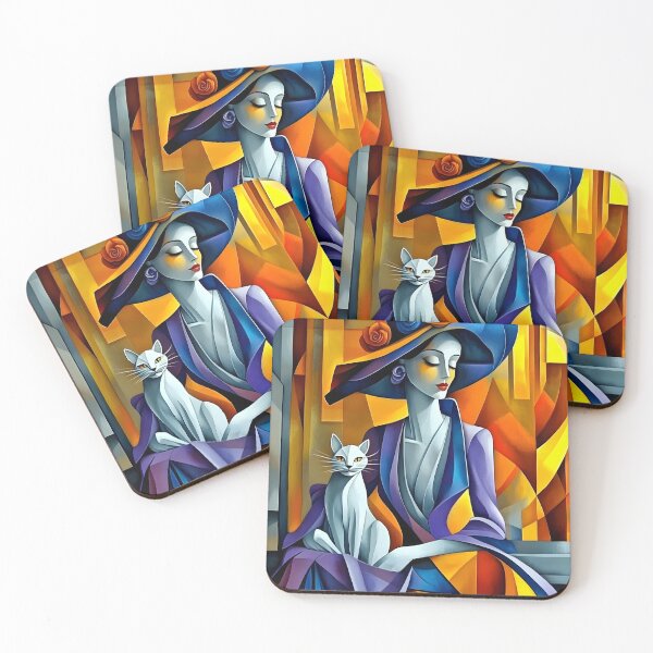 Item preview, Cubist Woman with Cat in Bold Colors designed and sold by Shoot-The-Moon.