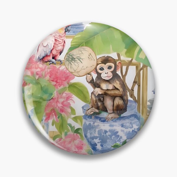 Item preview, Grandmillennial art, Monkey and Cockatoo in preppy chinoiserie garden designed and sold by SophieClimaArt.