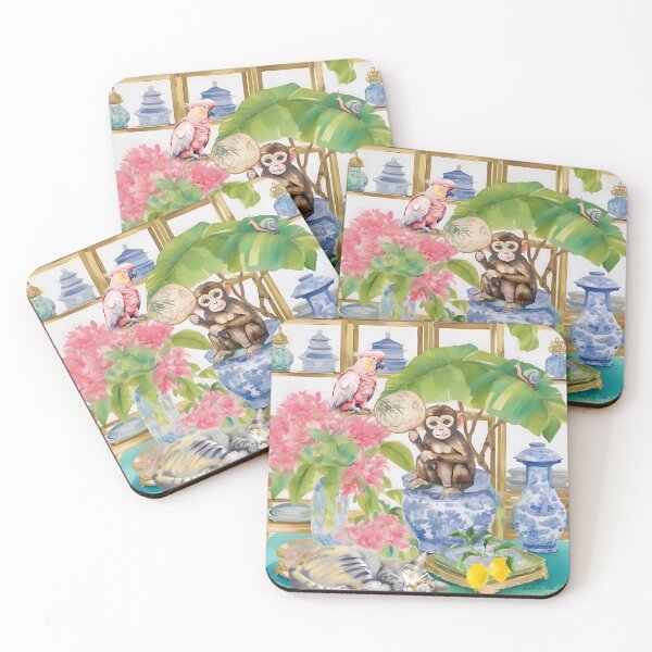 Item preview, Grandmillennial art, Monkey and Cockatoo in preppy chinoiserie garden designed and sold by SophieClimaArt.
