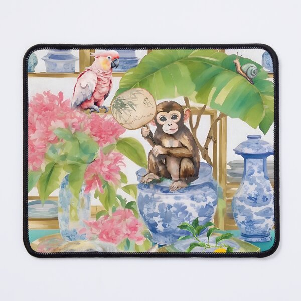Item preview, Grandmillennial art, Monkey and Cockatoo in preppy chinoiserie garden designed and sold by SophieClimaArt.