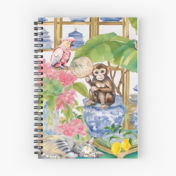 Item preview, Grandmillennial art, Monkey and Cockatoo in preppy chinoiserie garden designed and sold by SophieClimaArt.