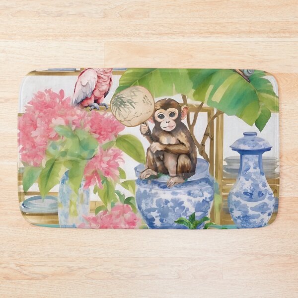 Item preview, Grandmillennial art, Monkey and Cockatoo in preppy chinoiserie garden designed and sold by SophieClimaArt.