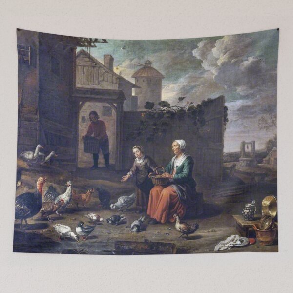 Item preview, A Woman and a Girl Tending Poultry, 1600s - Abraham Willemsens designed and sold by TheCulturedConures.