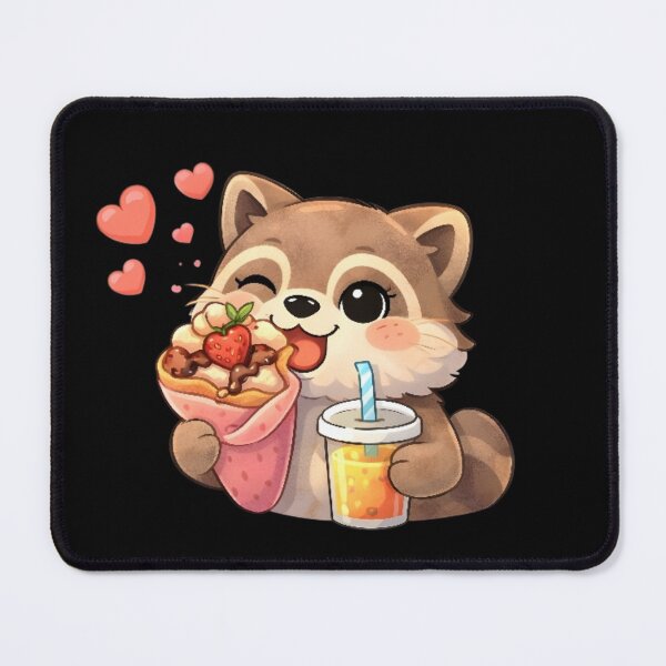 Item preview, Cute Kawaii Raccoon Enjoying Strawberry Crepe and Juice designed and sold by Trendora90.