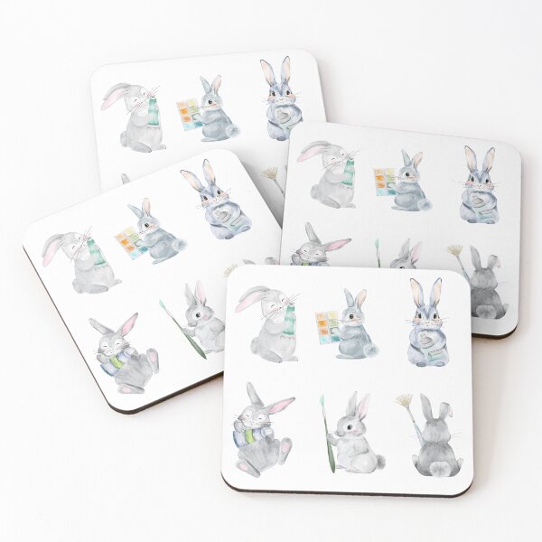 Item preview, Watercolor Grey Artist Rabbits with Brushes and Paint Palette designed and sold by Sagi Jane Art.