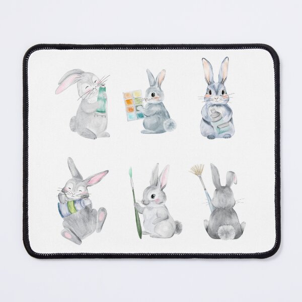 Item preview, Watercolor Grey Artist Rabbits with Brushes and Paint Palette designed and sold by Sagi Jane Art.