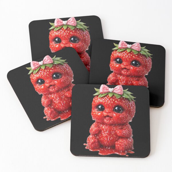Item preview, Kawaii Strawberry Monster Illustration - Whimsical Fruit Art on Black designed and sold by Dreamy Armine Art.