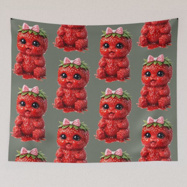 Item preview, Kawaii Strawberry Monster Illustration - Whimsical Fruit Art on Black designed and sold by Dreamy Armine Art.