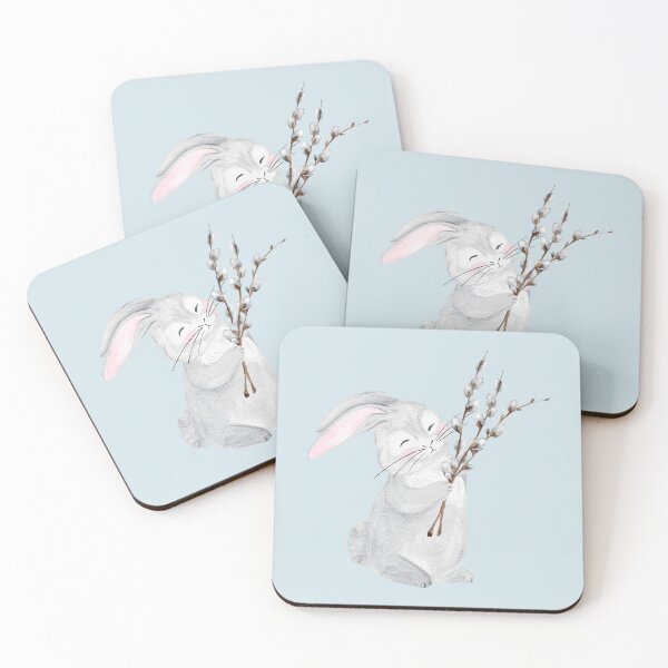 Item preview, A small gray rabbit with spring willow branches designed and sold by Sagi Jane Art.