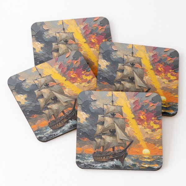 Item preview, Majestic Tall Ship at Sunset Impressionist Oil Painting designed and sold by The Design Asset Station.