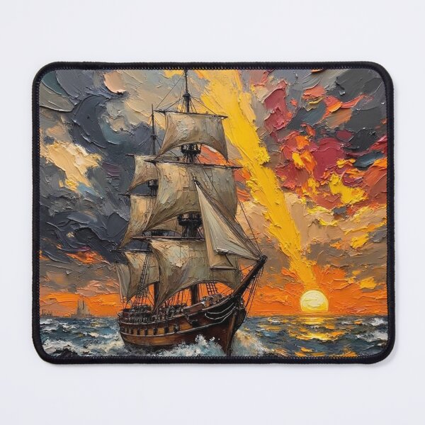 Item preview, Majestic Tall Ship at Sunset Impressionist Oil Painting designed and sold by The Design Asset Station.