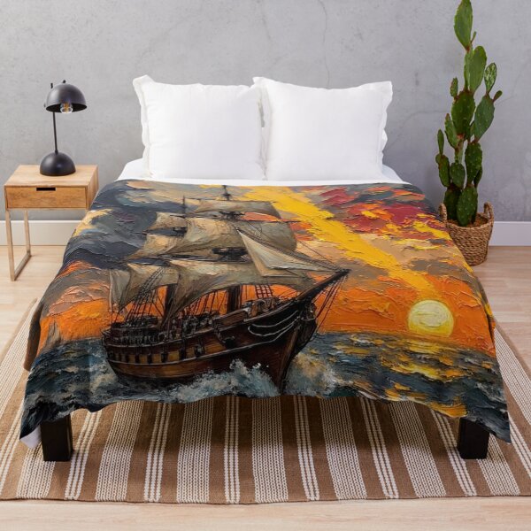 Item preview, Majestic Tall Ship at Sunset Impressionist Oil Painting designed and sold by The Design Asset Station.