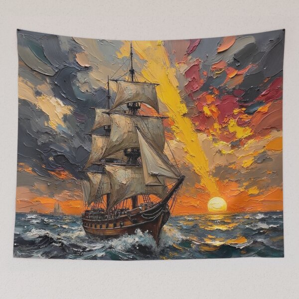 Item preview, Majestic Tall Ship at Sunset Impressionist Oil Painting designed and sold by The Design Asset Station.