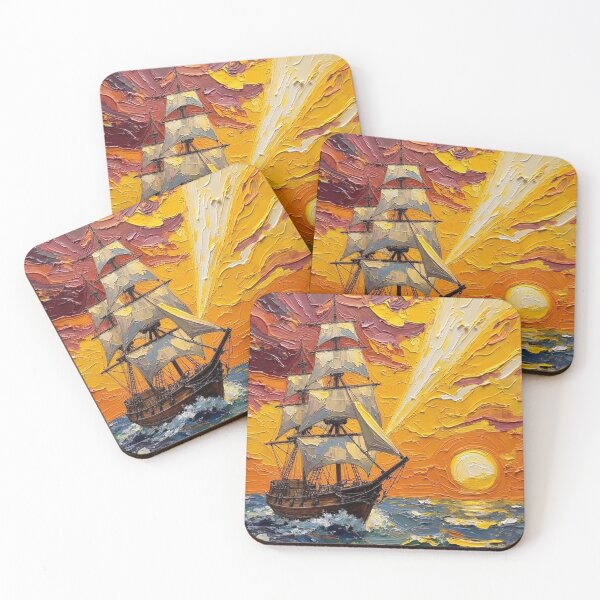 Item preview, Majestic Tall Ship at Sunset Impressionist Oil Painting designed and sold by The Design Asset Station.
