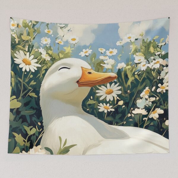 Item preview, White Duck Among Daisies – Dreamy Floral Landscape designed and sold by HeyHas.