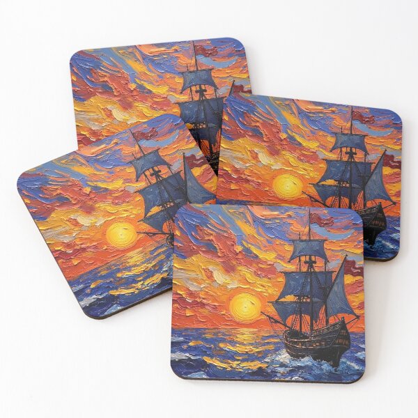 Item preview, Majestic Tall Ship at Sunset Impressionist Oil Painting designed and sold by The Design Asset Station.