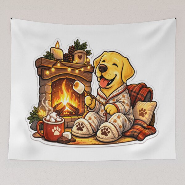 Item preview, Labrador Pajamas Fireplace Marshmallow | Cozy Lab Indoor Winter Art designed and sold by PawPrintCustom.