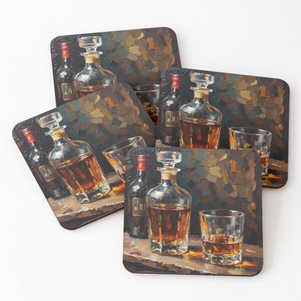 Item preview, Whiskey Decanter Still Life – Textured Impasto Oil Painting with Rocks Glass | Warm Bar Cart Wall Art designed and sold by Nene's design.