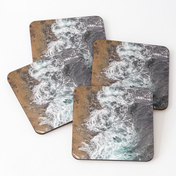 Item preview, Aerial View of Ocean Waves Crashing on Orange Rocky Shore designed and sold by LRPhotoart.