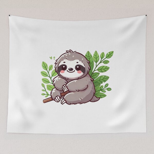 Item preview, Cute cartoon sloth sitting among green leaves, showcasing a playful and cheerful demeanor. designed and sold by cave-canvas.