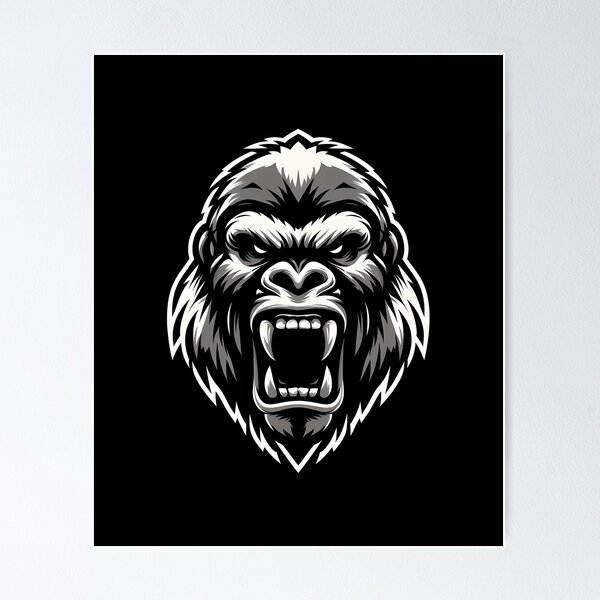 Item preview, Fierce gorilla head illustration in bold monochrome with detailed features and a roaring expression. designed and sold by beast-net.