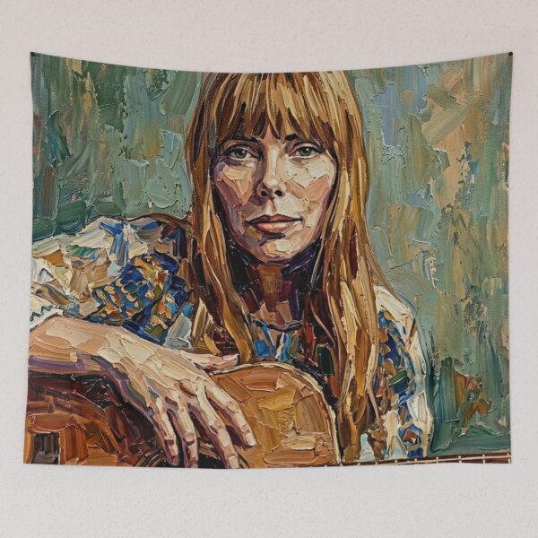Item preview, The Laurel Canyon Muse – Joni Mitchell Expressive Oil Portrait designed and sold by Art's Diner.