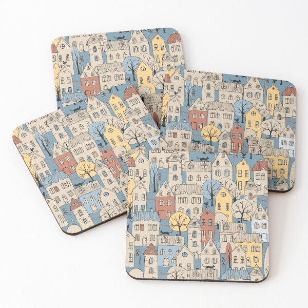 Item preview, handdrawn little town - beige, brick red and muted blue designed and sold by kobyakov.