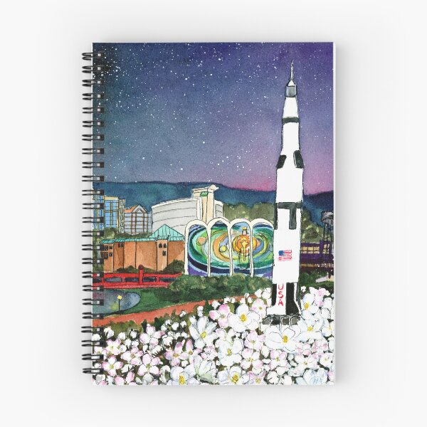 Artikelvorschau, Skyline von Huntsville, Alabama (Aquarell) | Saturn-V-Raketenmotiv | Nachtlandschaft der Weltraumstadt entworfen und verkauft von lexieaustinart.