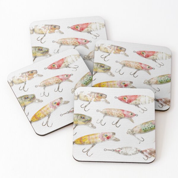 Artikelvorschau, Aquarellgemälde mit Vintage-Angelködern entworfen und verkauft von ArtNatureStore.