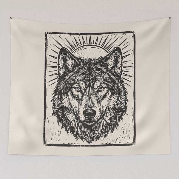 Item preview, Wolf Head Sunburst Linocut Style Vintage Rustic designed and sold by Y-Vibes.
