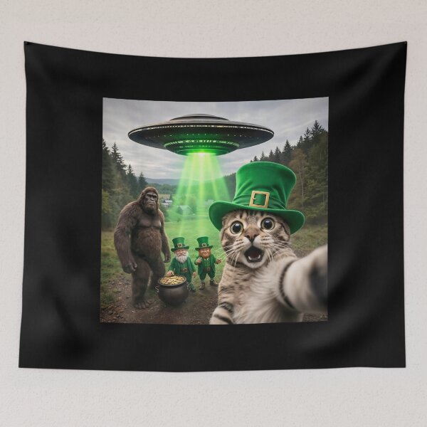 Item preview, Funny Cat Selfie Bigfoot UFO Leprechaun St Patricks Day Chaos designed and sold by Ali-printshop.
