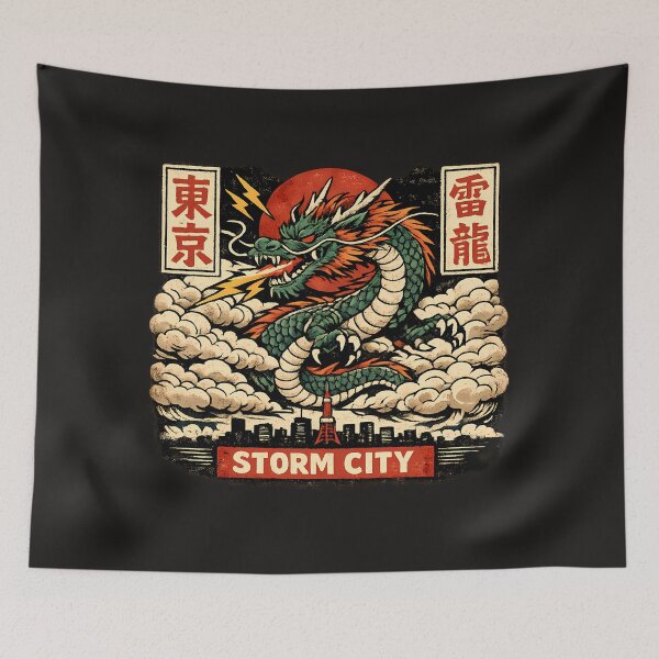 Item preview, Storm City Dragon Tokyo Lightning Japanese Mythology Vintage Style Illustration designed and sold by VaporTokyo.