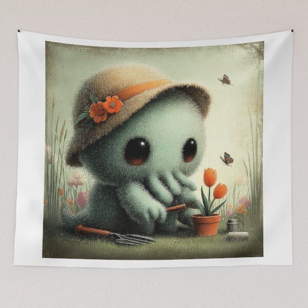 Item preview, Baby Cthulhu Spring Garden — Kawaii Lovecraft Cottagecore Art designed and sold by mistygate.
