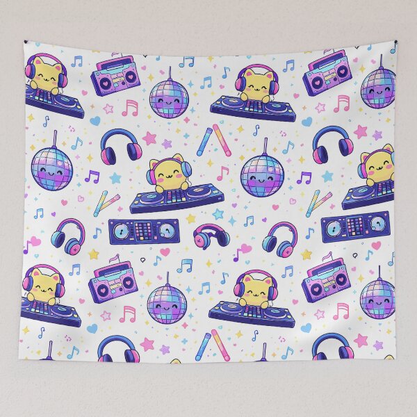Item preview, DJ CAT Kawaii Pattern White Background designed and sold by Arte Cartoon From TagTeam Group.