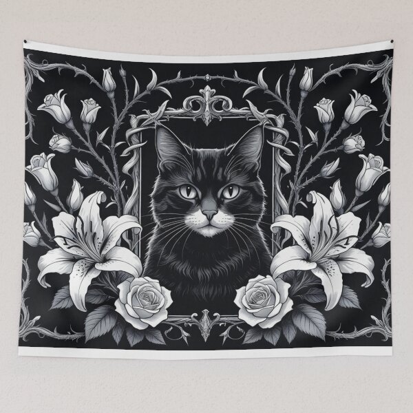Item preview, Gothic Black Cat with White Lilies – Midnight Ornamental Cat Series designed and sold by LEO'S CREATURE　れおずくりーちゃー.