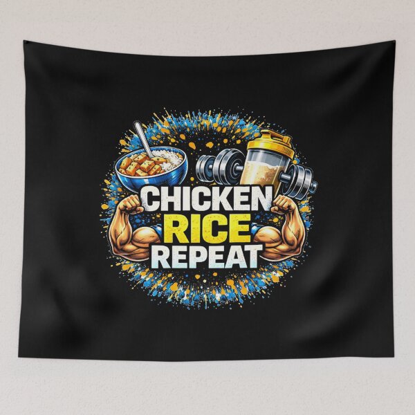Item preview, Chicken Rice Repeat Gym Humor Food Fitness Design designed and sold by Wolf Garage.