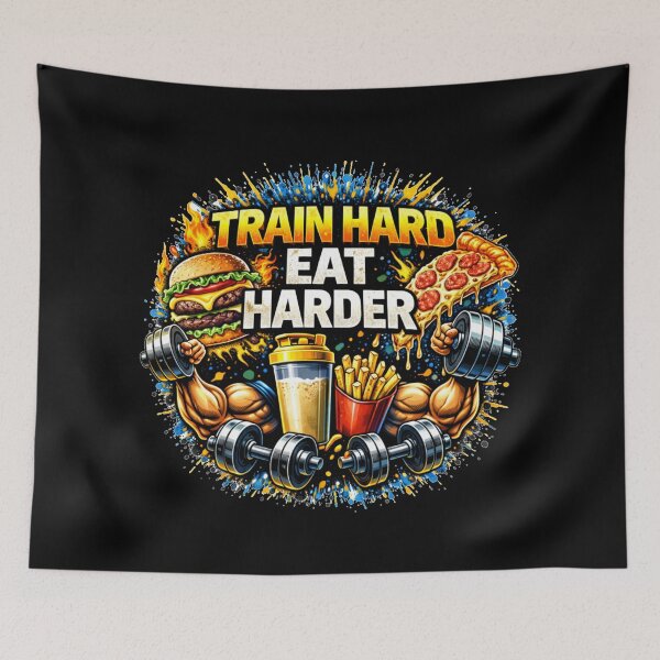 Item preview, Train Hard Eat Harder Gym Humor Food Fitness Design designed and sold by Wolf Garage.