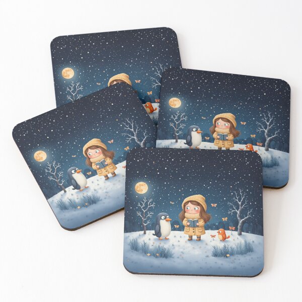 Item preview, Moonlit Winter Story – Whimsical Girl Reading with Penguin and Bird designed and sold by Whimsical Hug.