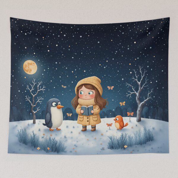 Item preview, Moonlit Winter Story – Whimsical Girl Reading with Penguin and Bird designed and sold by Whimsical Hug.