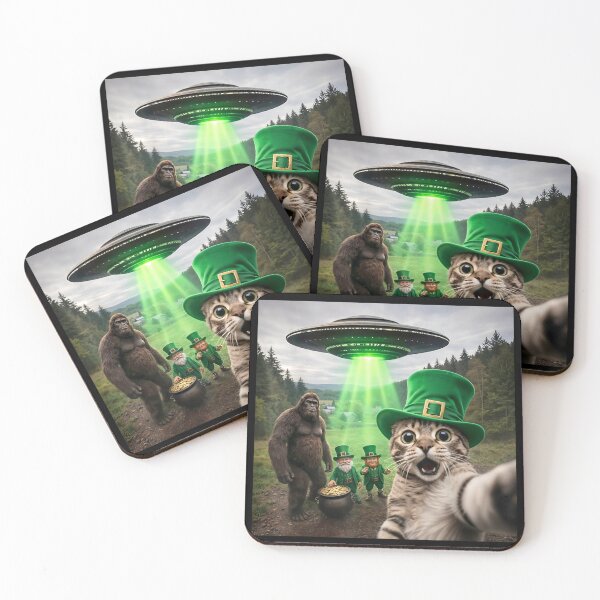 Item preview, Funny St Patricks Day Cat Selfie with Leprechaun Bigfoot UFO  designed and sold by colornatics.