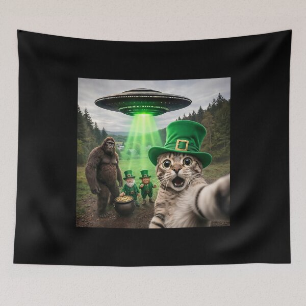 Item preview, Funny St Patricks Day Cat Selfie with Leprechaun Bigfoot UFO  designed and sold by colornatics.