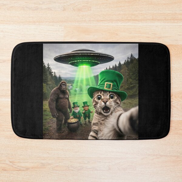 Item preview, Funny St Patricks Day Cat Selfie with Leprechaun Bigfoot UFO  designed and sold by colornatics.