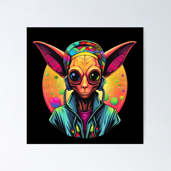 Item preview, Alien with Headphones – Psychedelic Neon DJ Sci-Fi Music Art designed and sold by CyfroweMysli.