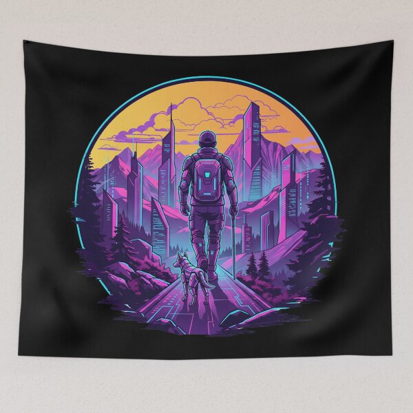 Item preview, Cyberpunk Hiker Solarpunk Neon Mountain Wanderer 2026 designed and sold by MarCinu Art.